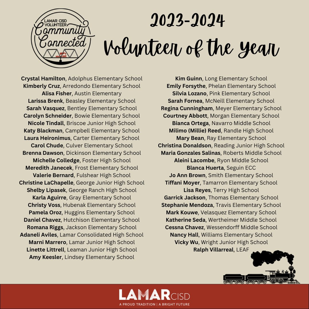 This week, we recognized the 2023-2024 Volunteers of the Year during the annual luncheon. 🎉 Each campus nominated an individual who has shown tremendous dedication and is an outstanding member of their campus community. We thank YOU for all you do for #LamarCISD.