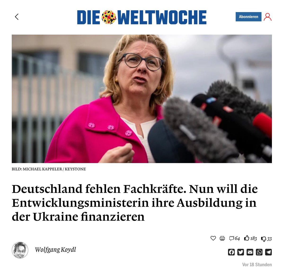 “Nun hat sich Entwicklungsministerin Svenja Schulze des Themas angenommen. Sie verspricht, dass Deutschland die Ausbildung von Fachkräften in grossem Stil finanzieren werde. Super!
In der Ukraine.
Ja, richtig gelesen. Dort werden mit deutschen Steuergeldern die durch Tod und…