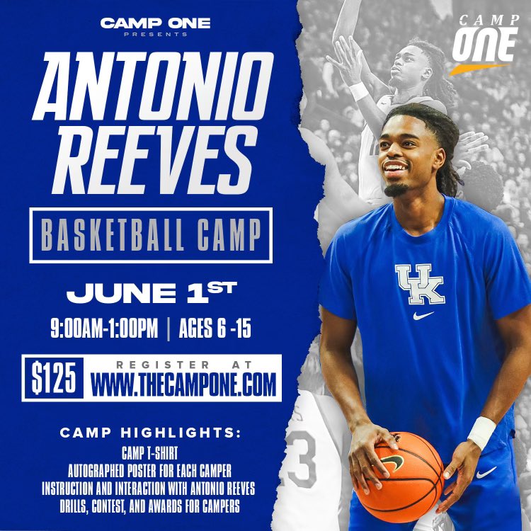 #BBN Join Antonio Reeves at his 1st Basketball Camp in Lexington, KY on June 1st !!This will be a fun day of basketball drills and contest with lots of giveaways as well for campers. All registration information is on the flyer.
