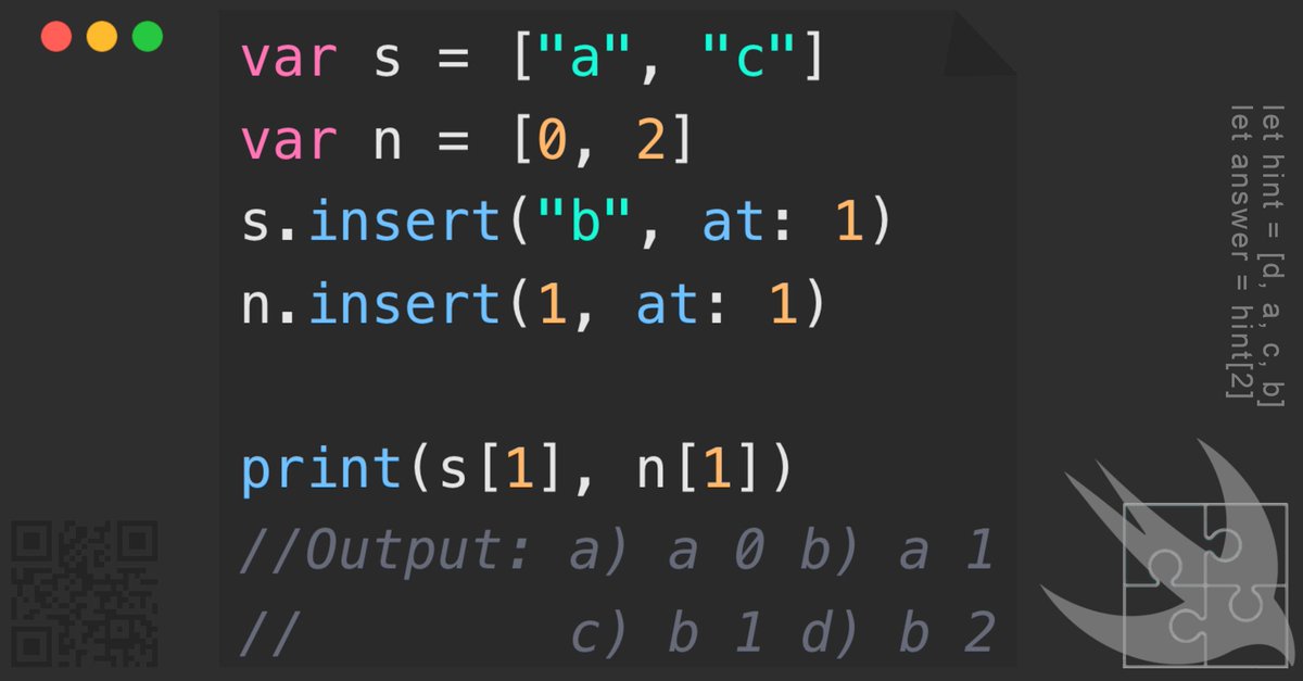 GregCoolShade's tweet image. โ
โโโโ This ๐งฉ puzzle focuses on understanding list manipulations and element. #CodingPuzzle #SwiftFun