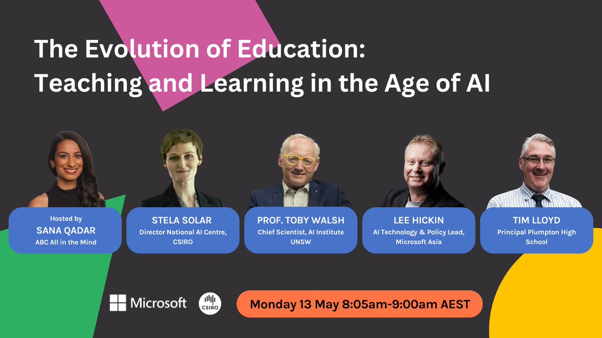 We have some incredible panellists lined up for our online event on Monday 13 May!

Hosted by Sana Qadar, with <a href="/TobyWalsh/">Professor Toby Walsh FAA FTSE</a>, <a href="/stela/">Stela Solar</a>, <a href="/leehickin/">Lee Hickin</a> &amp; <a href="/tim_lloyd2/">Tim Lloyd</a>—you won't want to miss this discussion with some of the top minds in AI and education.

Register now at our link in bio.