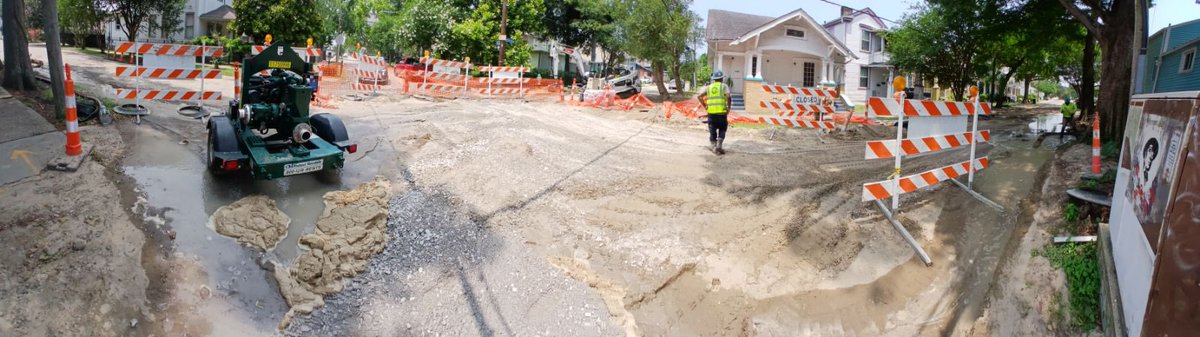 The intersection of Cambronne & Panola is now closed up. Due to the size of the water main – four feet in diameter - this water leak repair requires custom fabrication and installation of specialized parts. Stay tuned for for updates of repairs and replacement work in this area.