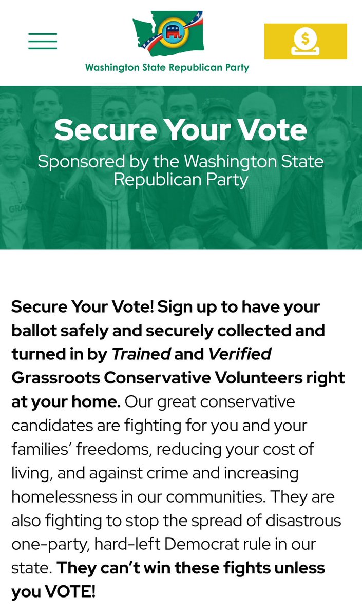 Susan_Dupres's tweet photo. WA STATE #SecureYourVote

WA GOP has begun a new Program:

SECURE YOUR VOTE

Register now to have your ballot safely and securely collected and turned in by a trained conservative grassroots volunteer for this 2024 election.

https://t.co/Nbvz0VcwY2 https://t.co/Sl2kCdrRn0