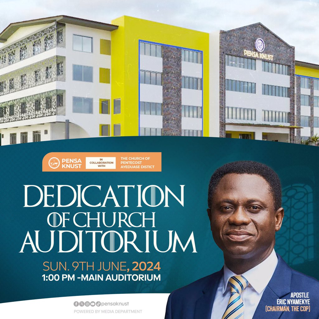 The Lord has done it finally!

PENSA-KNUST and the Church of Pentecost Ayeduase Central are set to dedicate their plush Auditorium to the glory of God

Date: Sunday, 9th June, 2024
Time: 1pm
Venue: The Building Site 

and oh, Apostle Chair will be there
Mark your calendars!