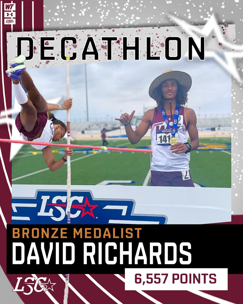 𝗗𝗮𝘃𝗶𝗱 𝗥𝗶𝗰𝗵𝗮𝗿𝗱𝘀 brings home the 🥉 for the Buffs in the Decathlon at the Lone Star Conference Outdoor Championships! This is Richards second medal this year. 

🥉Dec- 6,557 points

#BuffNation #lscotf #championship