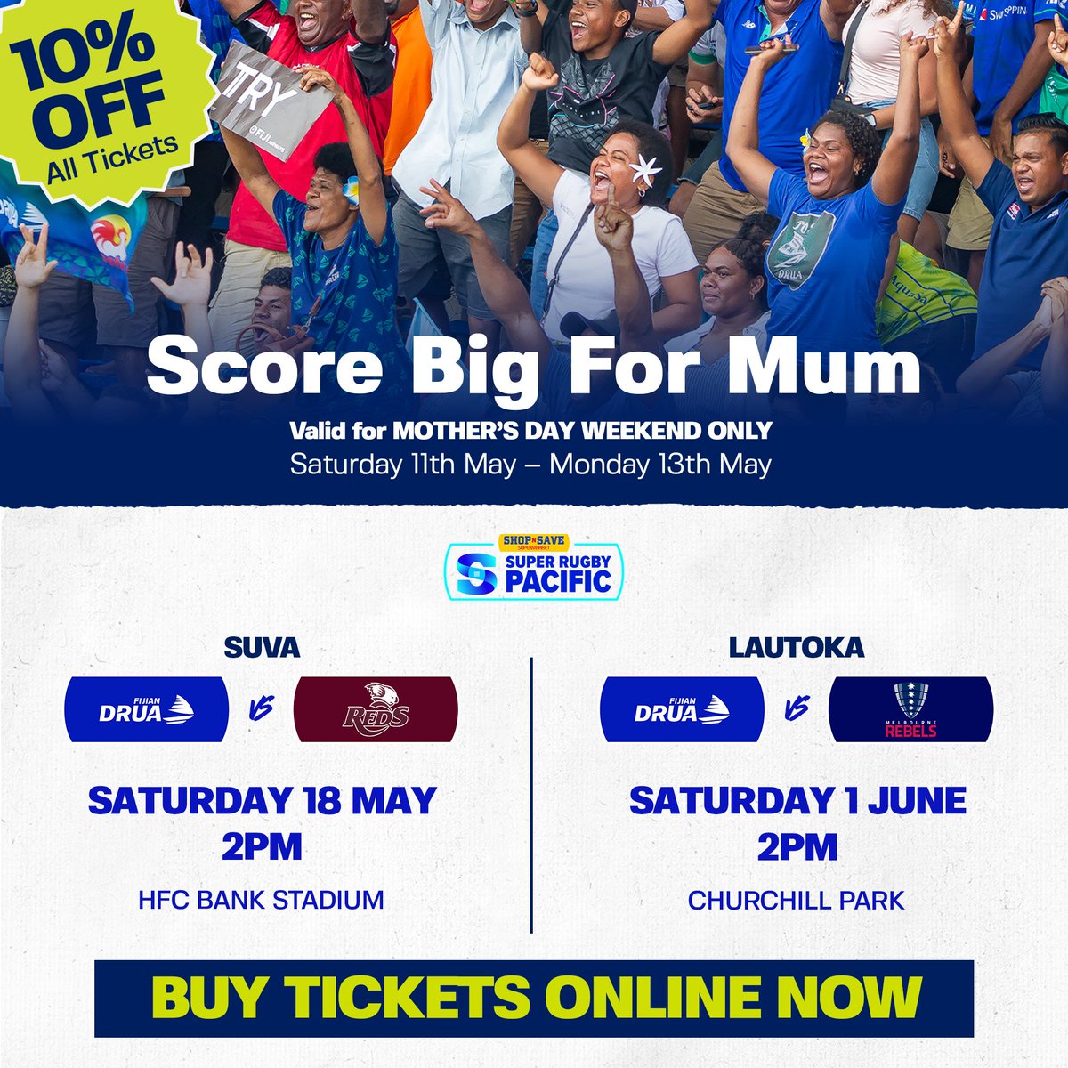 🥳Enjoy a 10% discount on tickets for our final two home games. Sale ends Monday at midnight! Pre-purchase with MPAISA @ drua.rugby 🎟also available ⤵️ 📍Jack's of Fiji 📍Fiji Sports Council 📍Lautoka City Council 📍Village 4 and 6 📍Damodar Cinemas, Suva and…