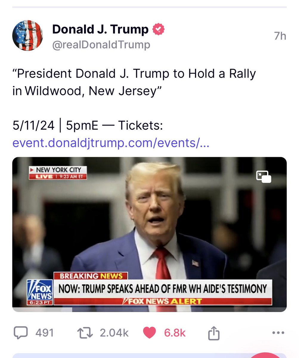 President Trump is holding a rally tomorrow in Wildwood, New Jersey!

Time to flip NJ to red & make New Jersey great again!  
#MAGA2024 #MAGA 
#Trump #Trump2024TheOnlyChoice 
#NewJersey #Wildwood

Comments = Agreement