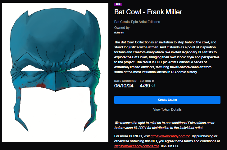 Missed the drop this morning but I had to pick up a @FrankMillerInk Batman 🦇 batcowl mint #4 art piece off @CandyDigital 🏆 ✅ Original art piece batcowl inspired ✅ Only 39 Epics and 1 Legendary in existence ✅ First of it's kind in digital format from Frank More original art