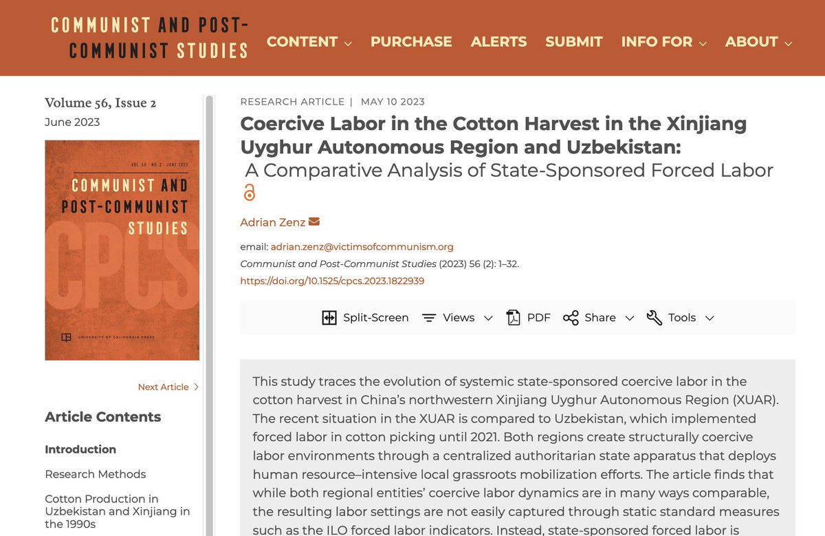 Great to see that my research article in @cpcs_journal is now open-access: Coercive Labor in the Cotton Harvest in the Xinjiang Uyghur Autonomous Region and Uzbekistan: A Comparative Analysis of State-Sponsored Forced Labor online.ucpress.edu/cpcs/article/5…