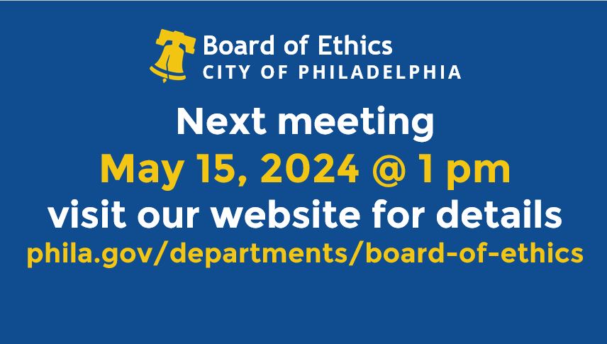 We're coming home to the 18th Floor of One Parkway Building for the May Public Board Meeting on Wed., 5/15 @ 1pm. You can attend in-person or via Zoom.  Meeting &amp; login info is with our agenda: ethics.pub/agenda