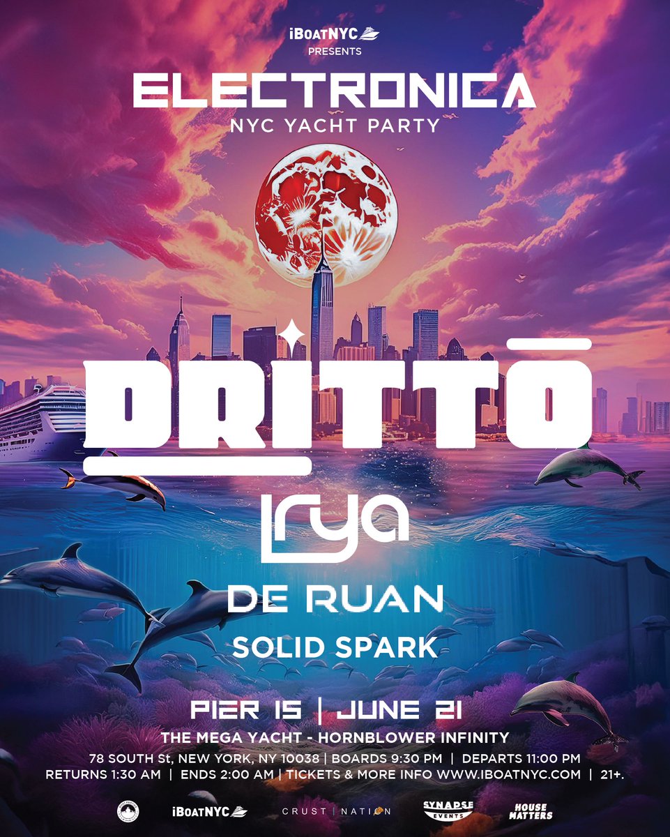 SHOW ANNOUNCEMENT ✨ Electronica NYC Yacht Party w. @DrittoOfficial and support from @LryaOfficial & more on Friday, June 21st!!! 🔊 💠Get your tickets here: linktr.ee/synapseevents 💠 #newyork #yachtparty #electronica #housemusic #summer #techhouse #techno #travel #photo