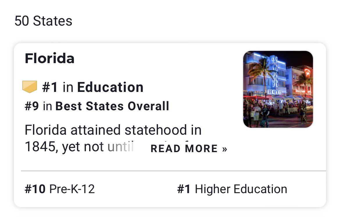 ICYMI: For the second year in a row, @usnews has ranked Florida as the NUMBER 1 state in the nation for education. usnews.com/news/best-stat…