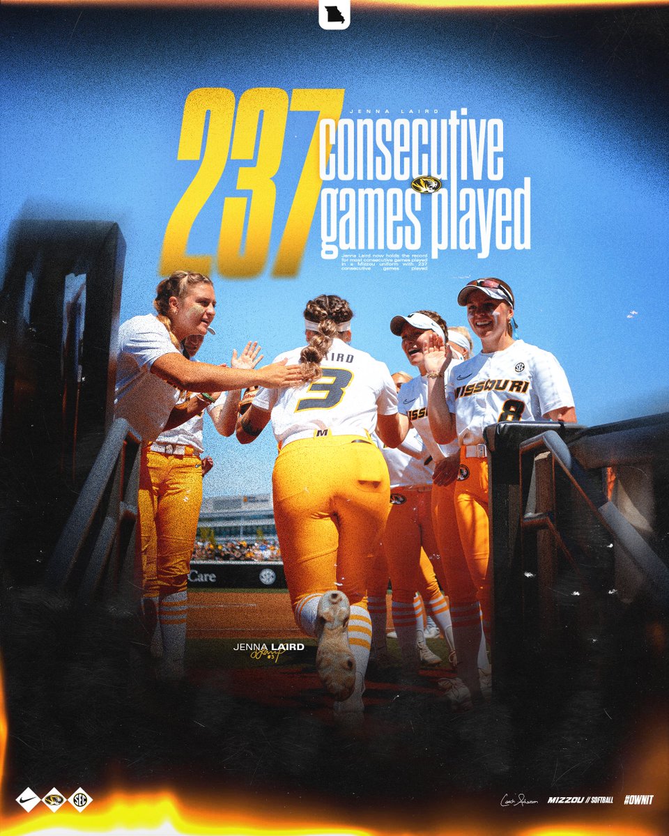 Iron Woman 🦸‍♀️🐯 2⃣3⃣7⃣ consecutive career starts and counting for our senior shortstop!! Jenna Laird is the 🆕 Mizzou consecutive games leader!! #OwnIt #MIZ 🐯🥎 | @_jennalaird