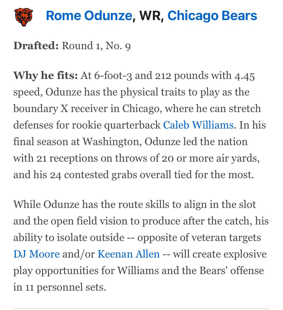 From my post on the best rookie team fits (link below). #Bears WR Rome Odunze. espn.com/nfl/draft2024/…