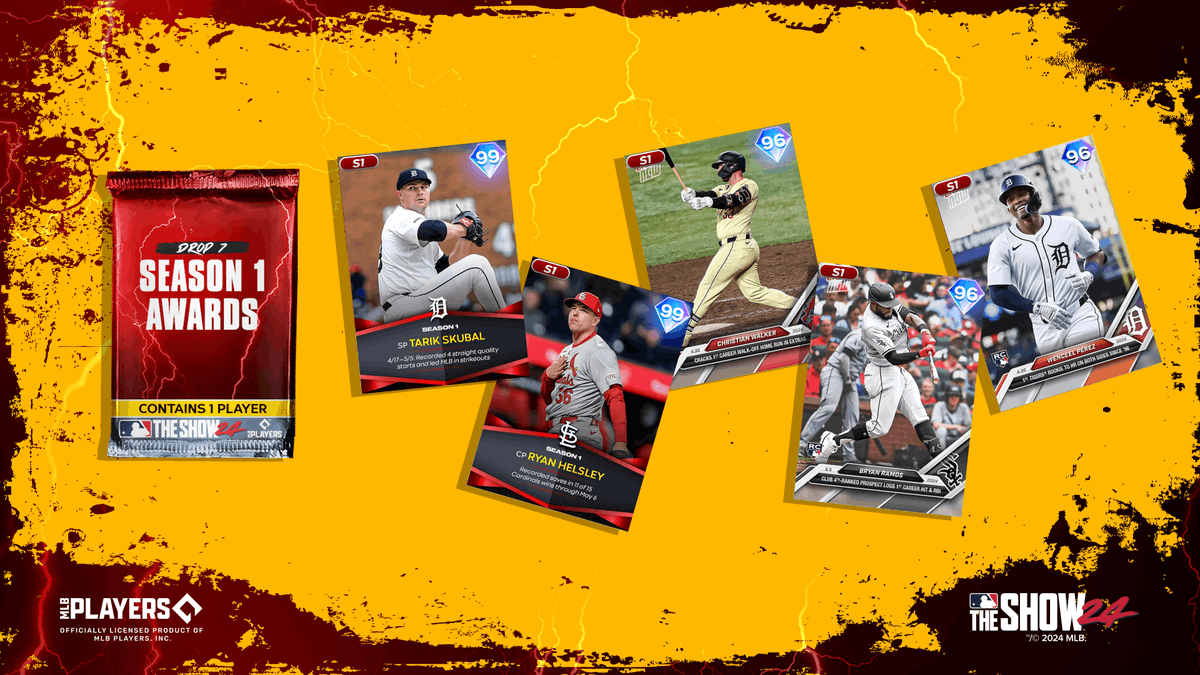 The new 🏆Season Awards Drop 7 Pack is now available at the Show Shop. Get this pack and add one of these Season Awards and Topps Now Series player items to your squad: 💎 Tarik Skubal 💎 Ryan Helsley 💎 Christian Walker 💎 Bryan Ramos 💎 Wenceel Perez #MLBTheShow