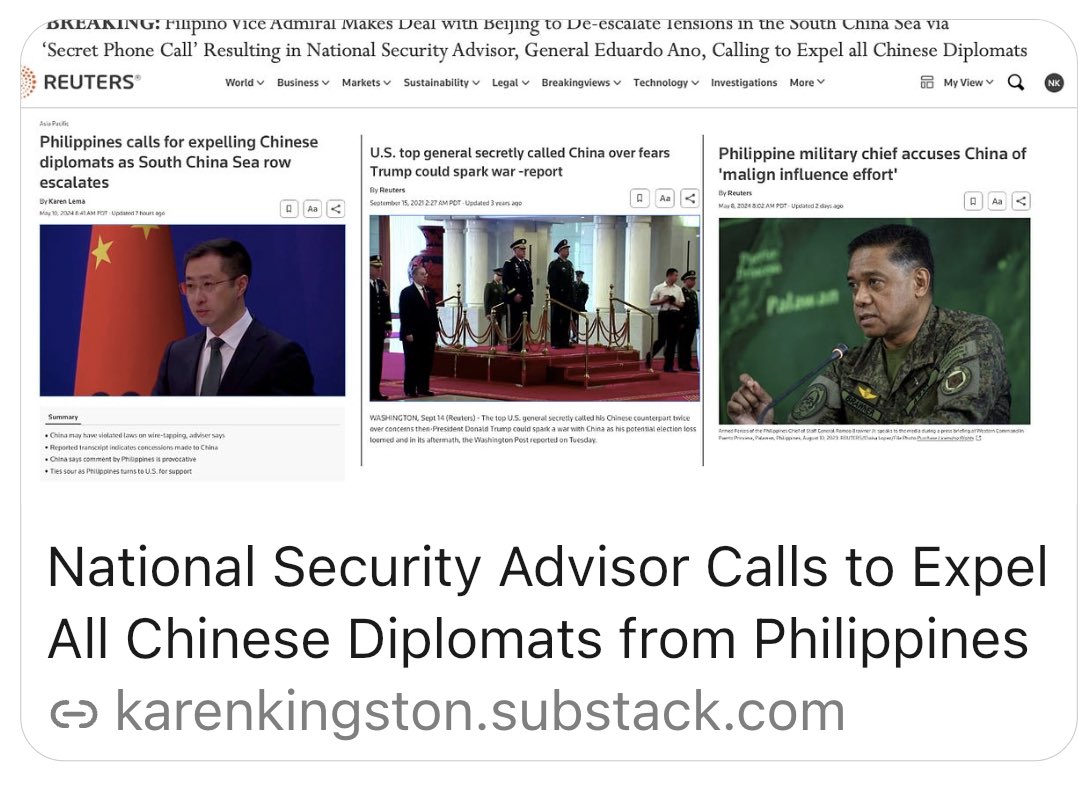 China’s subversion of Filipino military leaders is exactly what Americans witnessed in January of 2021 when the head of the US Military, General Mark Milley, called China’s General Li Zuocheng to assure Li that the U.S. was not going to attack China. karenkingston.substack.com/p/national-sec…