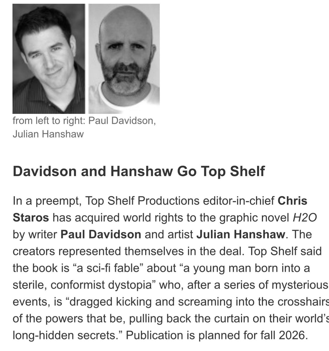 Excited to share that @HanshawJulian and I have sold our new graphic novel to the lovely folks at @topshelfcomix and it will be coming your way in 2026! Thanks to @PublishersWkly for the ink.