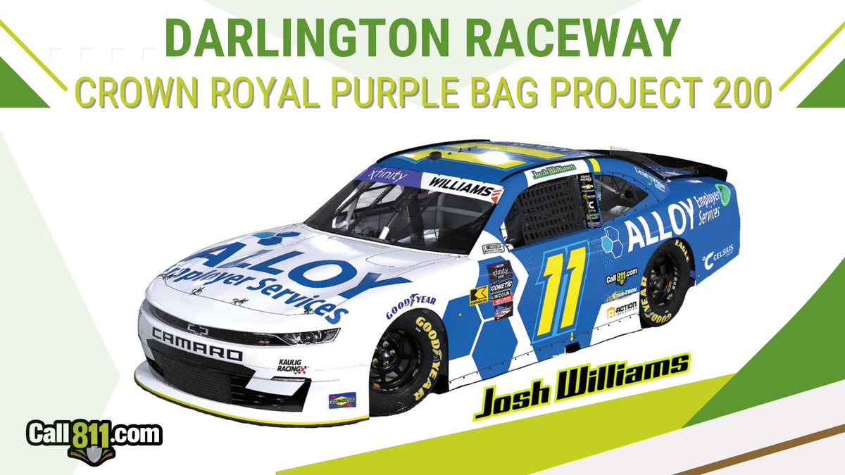 The @NASCAR_Xfinity Series returns to action this weekend at the track @TooToughtoTame! Watch @Josh6Williams in the No. 11 @KauligRacing Chevrolet this Saturday on @FS1. #CrownRoyalPurpleBag200 | #Call811