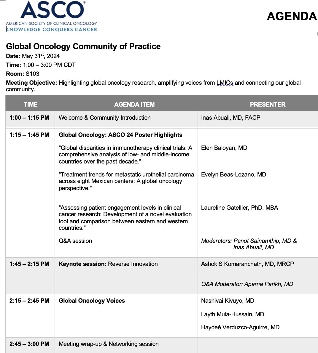 @ASCO #ASCO2024 #ASCO24 will be here in no time. Besides all things #crcsm and @gionc, couldn't be more excited to have the 1st in person gathering of the #globalonc CoP them team has put together a great agenda representing many diverse voices!
