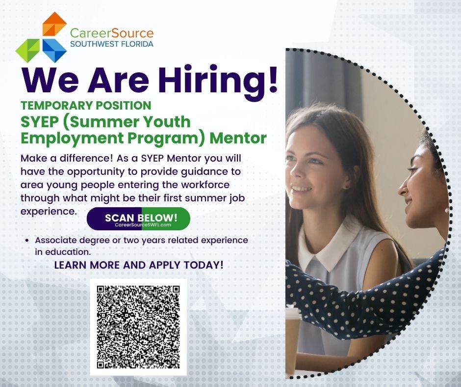 Become a Summer Youth Employment Program Mentor and make a difference. We are currently accepting applications. To apply, click the link below or scan the QR code.
careersourcesouthwestflorida.com/careersource-s…
#summeremployment #youthemployment #JobSearch #FloridaJobs #hiring #youthemployment