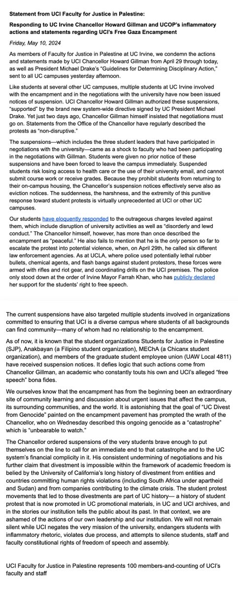 UCI faculty response to Gillman and @UofCalifornia President's attacks on the #UCI UC Intifada encampment. Full text: fjpuci.wordpress.com/press-releases/ #FreePalestine #divest