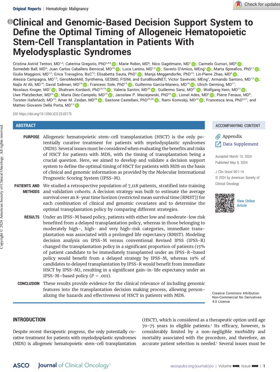 These results provide evidence for the clinical relevance of including genomic features into the transplantation decision making process, allowing personalizing the hazards and effectiveness of HSCT in patients with MDS. @JCO_ASCO @ASCO @myESMO @OncoAlert @OncoDaily #Oncology