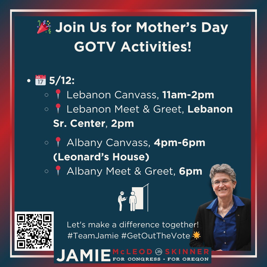 Come join us for Mother's Day GOTV Activities in Lebanon and Albany!

bit.ly/JMSPrimary

#OR05 #JamieForOregon #GetOutTheVote