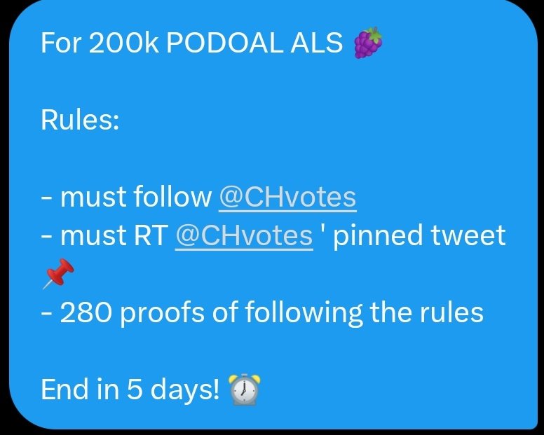 [ 🤝] Podoal Retweet Deal 

Zerose let's finish this RT deal as well 🔥

 🎁 200k PODOAL ALs 🍇

Rules:
- must follow @CHvotes 
- must RT @CHvotes' pinned tweet 📌
- 280 proofs of following the rules

Ends in 5 days! ⏰