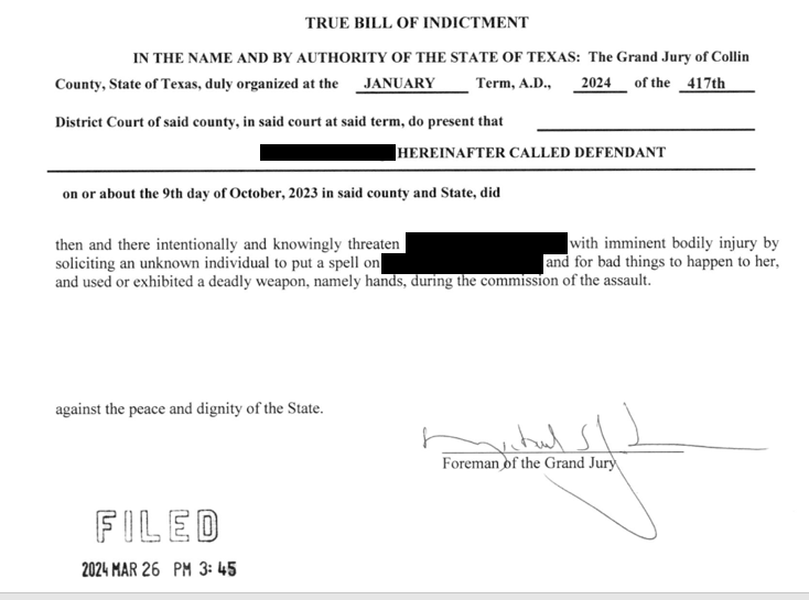 Doug Gladden (@dougthelawyer) on Twitter photo In March, the Collin County DA indicted a man for soliciting another person to put a spell on someone.
(h/t <a href="/idefenddfw/">Kristin R. Brown</a>) In March, the Collin County DA indicted a man for soliciting another person to put a spell on someone.
(h/t <a href="/idefenddfw/">Kristin R. Brown</a>)
