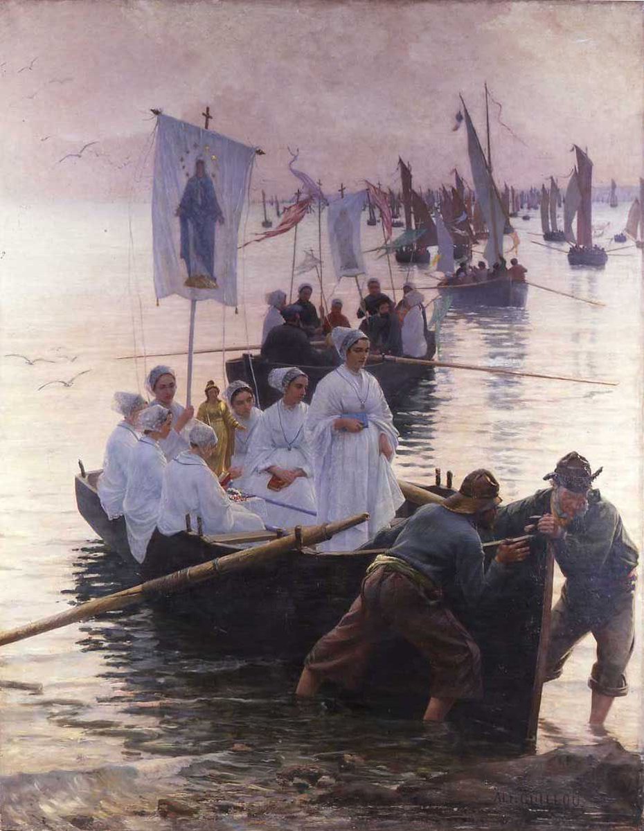 Arrival of the pardon of Saint Anne de Fouesnant in Concarneau/ Arrivée du pardon de Sainte-Anne-de-Fouesnant à Concarneau, 1887, by Alfred Guillou, 281,5 × 221 cm, Musée des beaux-arts de Quimper