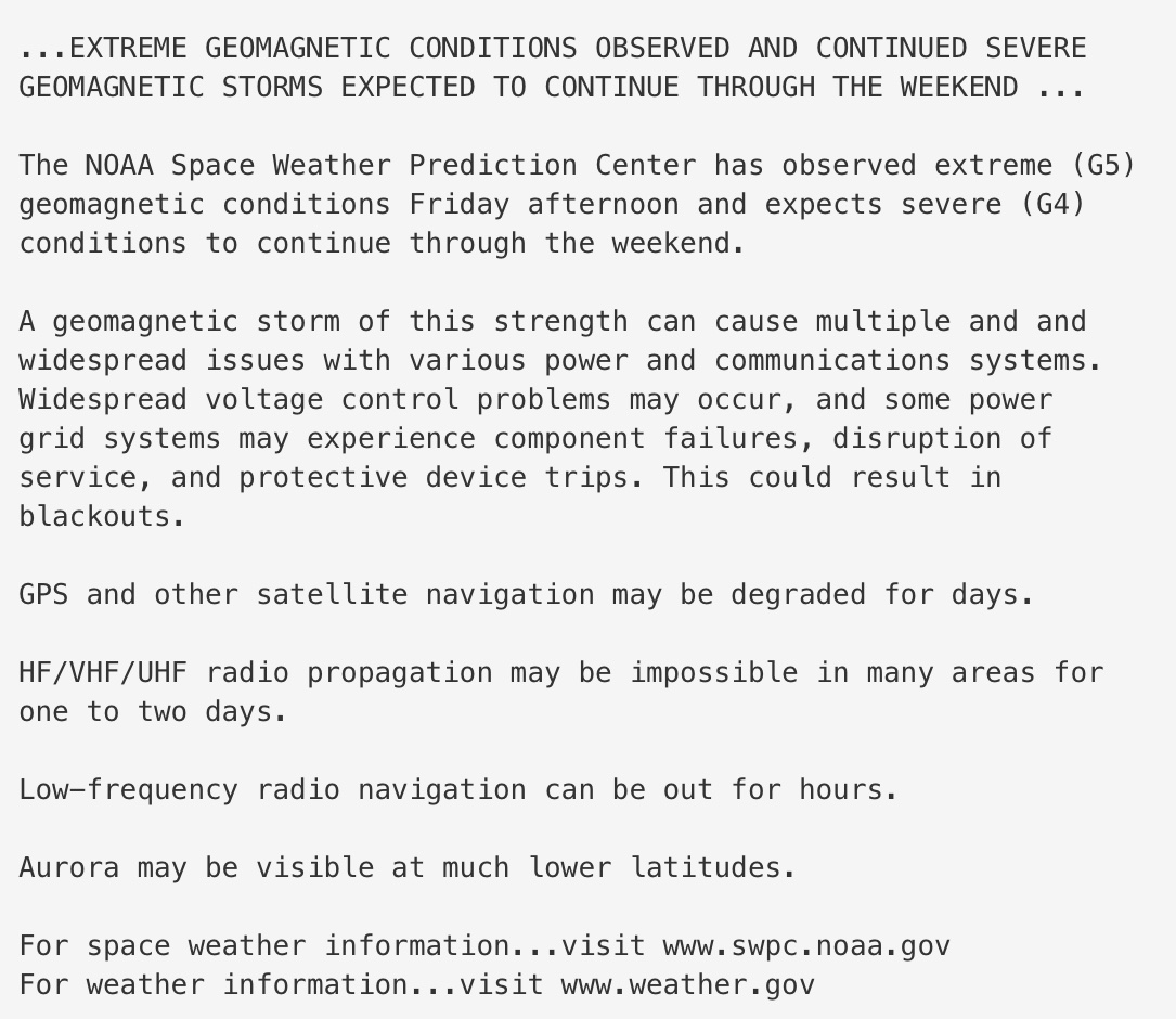 🚨🚨EXTREME Solar Storm! @NWSSeattle has issued a Special Weather Statement highlighting potential impacts to power, communication, and navigation systems. In addition, the #aurora has been seen VERY far south!! A statement like this is extremely rare! #wawx #orwx