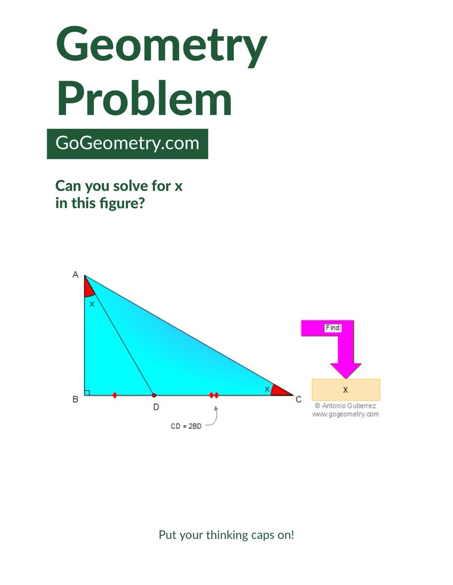🔷 Calling all problem-solvers! 🧠 Can you crack this geometry puzzle without trigonometry? What's the value of x? 
Put your thinking caps on! #Geometry #ProblemSolving 
Discover more problems at gogeometry.com/problem/index.…