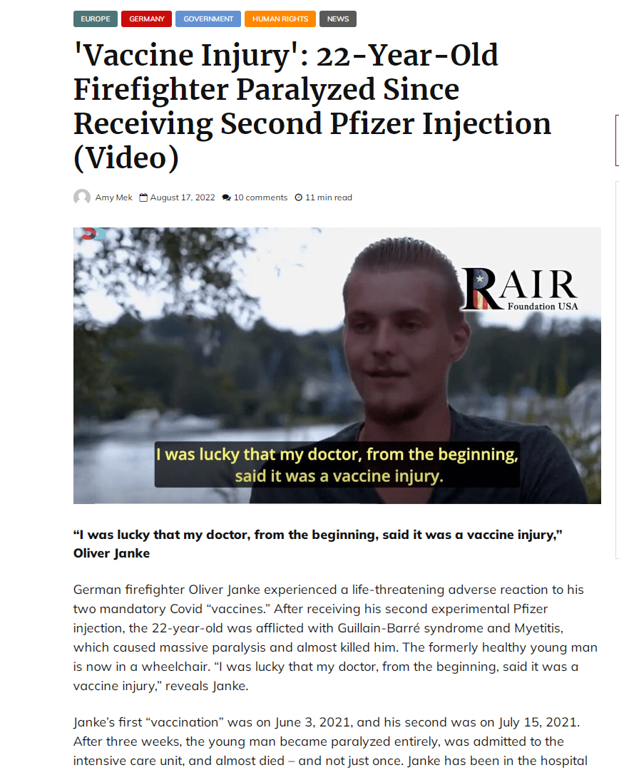 FIREFIGHTER - 22 year old German firefighter Oliver Janke was paralyzed 3 weeks after taking 2nd Pfizer COVID-19 mRNA Vaccine on July 15, 2021

'was afflicted with Guillain-Barre Syndrome and myelitis'

'my doctor from the beginning said it was a vaccine injury'

#DiedSuddenly