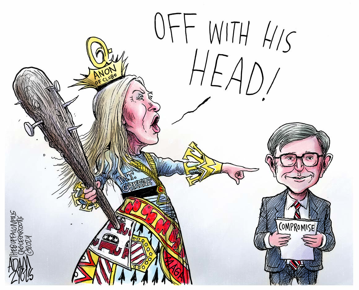 #MarjorieTaylorGreene was loudly booed by fellow Republicans as well as by Democrats when she brought her motion to vacate on the floor but it was voted down 359-43-7; Adam Zyglis depicts #MarjorieFailureGreene as the Queen of QAnon in his witty cartoon: thehill.com/homenews/house…