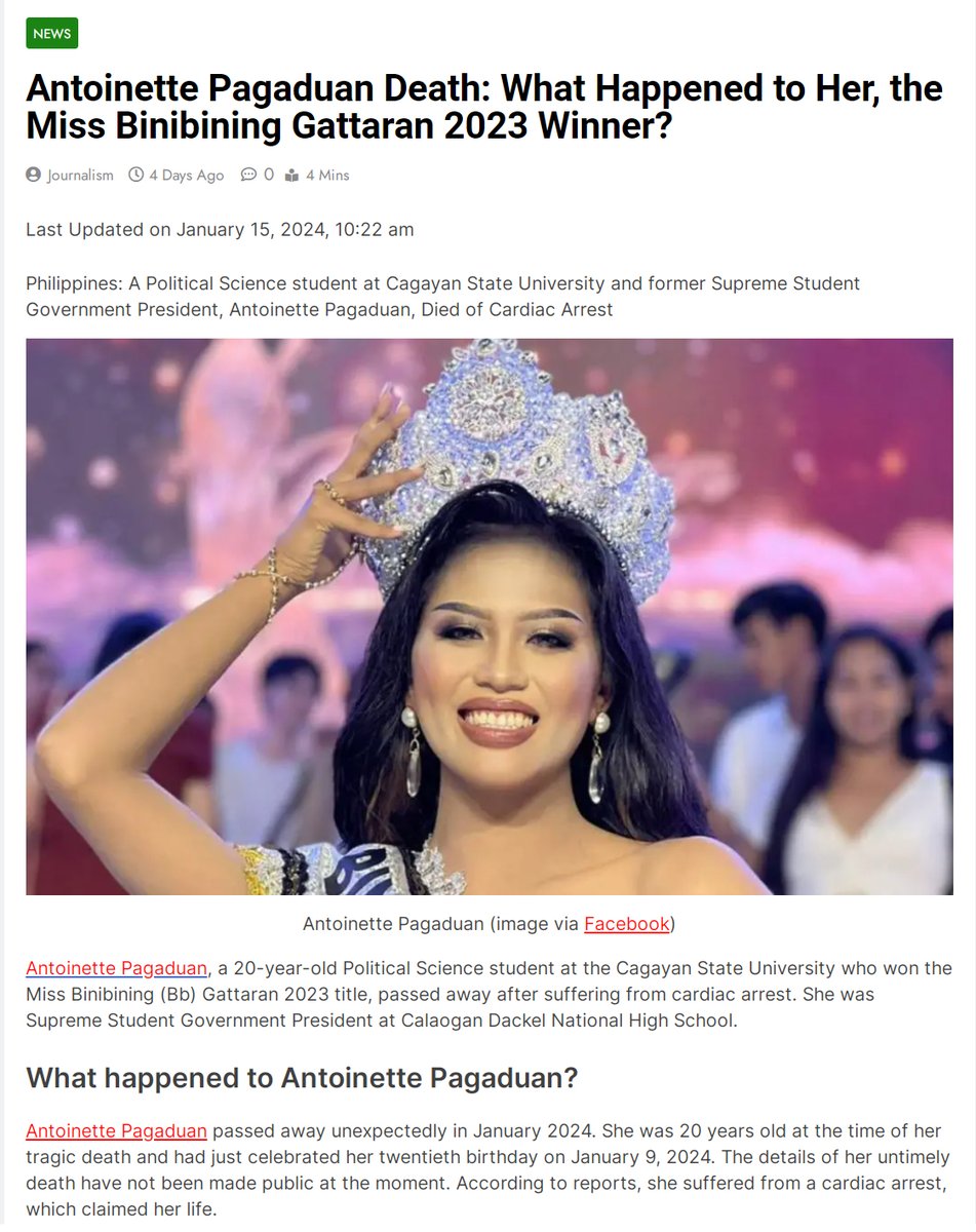 Philippines - 20 year old beauty queen & Political Science student at Cagayan State University Antoinette Pagaduan died suddenly from cardiac arrest 

days after celebrating her 20th birthday on Jan.9, 2024

COVID-19 mRNA Vaccine Sudden deaths are at all time highs
#DiedSuddenly