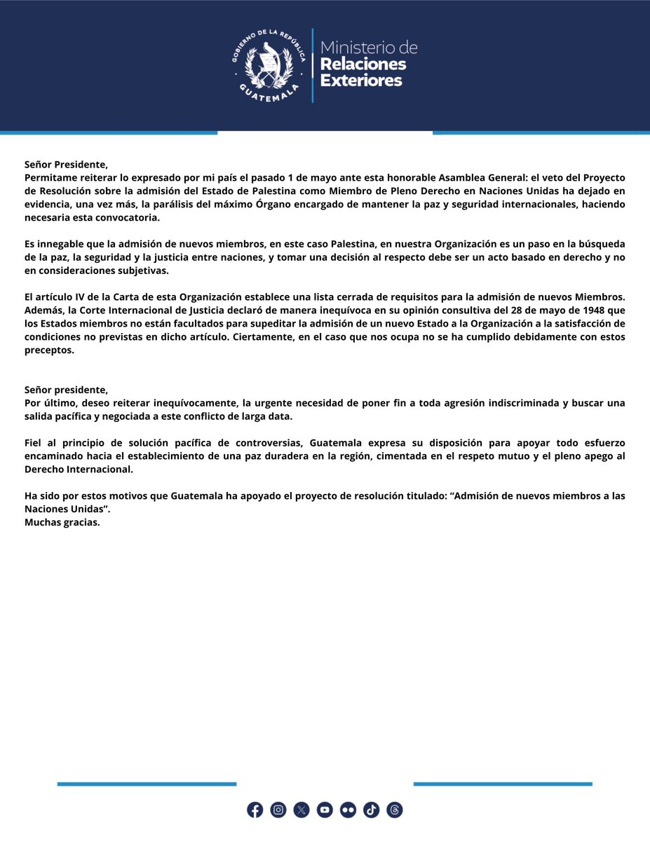 #AHORA Intervención de la delegación de Guatemala ante las Naciones Unidas, en ocasión de la Reanudación del 10° período extraordinario de Sesiones de Emergencia de la Asamblea General de las Naciones Unidas.

Vía: @MinexGt