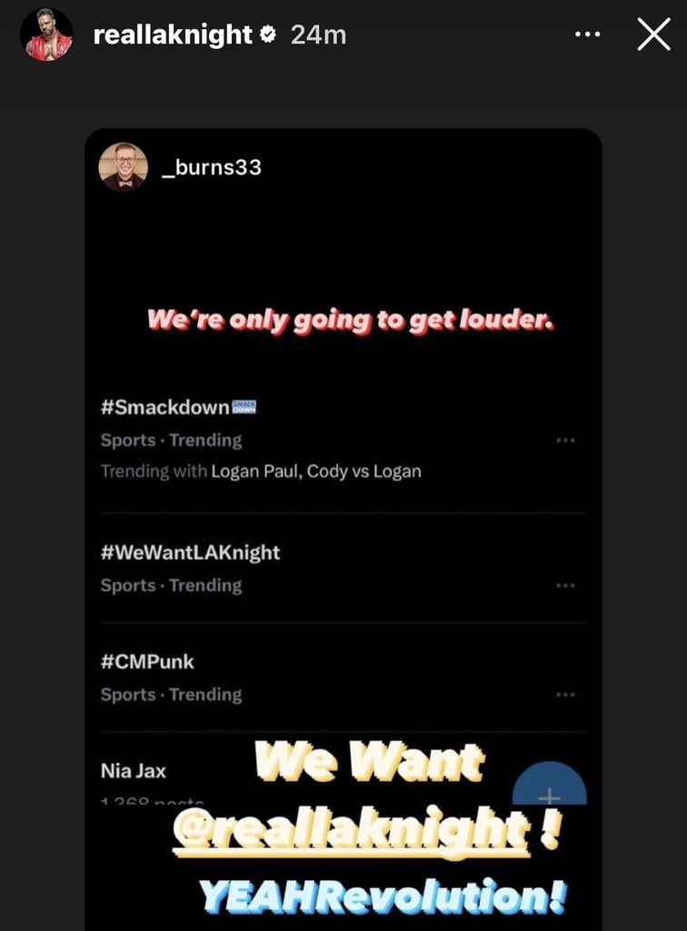 LA Knight just shared this on Instagram.

As I said, once in a while it’s necessary to show him that we’re behind him 100% and will NEVER stop making noise in support of the megastar.

KEEP. PUSHING. 

#WeWantLAKnight
#YEAHRevolution
#SmackDown