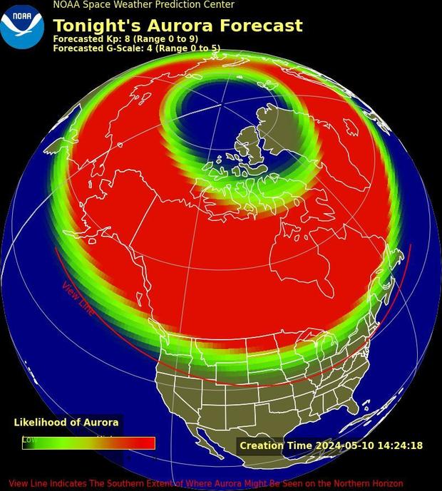 Northern lights map for Friday night

The aurora may be visible for much of the northern half of the U.S. Friday night. The red line on the map shows how far south the aurora forecast goes per NOAA's Space Weather Prediction Center.