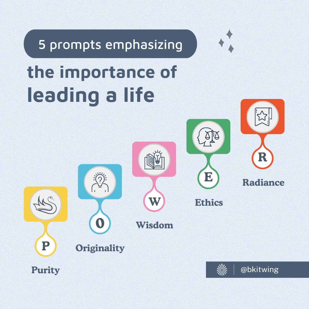 Embark on the journey of life guided by #purity, #originality, #wisdom, #ethics, and #radiance. Illuminate your path with these #divine prompts and embrace the spiritual essence within. #bkitwing #brahmakumaris