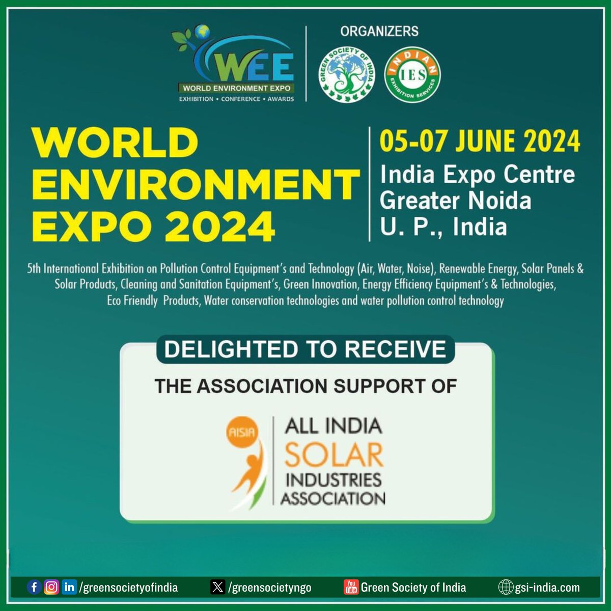We're thrilled to announce that the All India Solar Industries Association will participate in the World Environment Expo 2024 as our Association Partner, happening from June 5th to 7th at the India Expo Centre, Greater Noida, Uttar Pradesh, India. #WorldEnvironmentExpo2024 #GSI