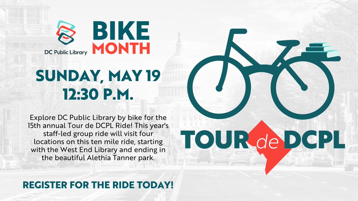 🚲📚 Come join our 15th annual DC Public Library Tour de DCPL! This year, it will take place on Sunday, May 19, at 12:30 p.m., for a bike ride to explore our libraries. Register now if you're going to pedal with us! bit.ly/3Uso2Vv