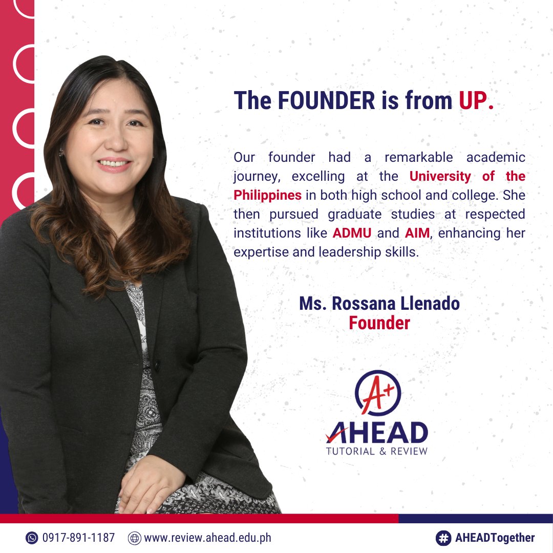 AHEAD Tutorial and Review Center is your gateway to the prestigious Big Four universities!

AHEAD is unique because of the exceptional combination of knowledge and experience that its founder brought to the company.

#UP #ADMU #AIM #SolidFoundation