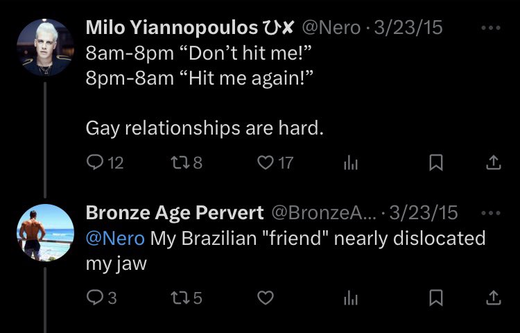 JuiceDoc99's tweet photo. Now that Milo has been reinstated we can see the tweets that BAP was responding to in 2015 trying to solicit him for gay sex https://t.co/ZGKYrp0kZv