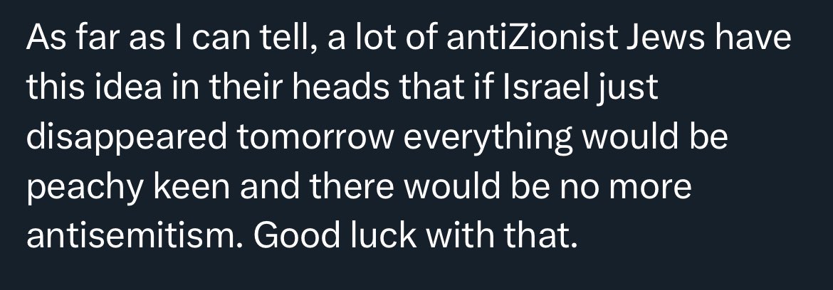 I… don’t know a single antizionist Jew who believes this. What we believe is that safety and equity for Jewish people never can and never will be secured by the oppression and apartheid and genocide of Palestinian people