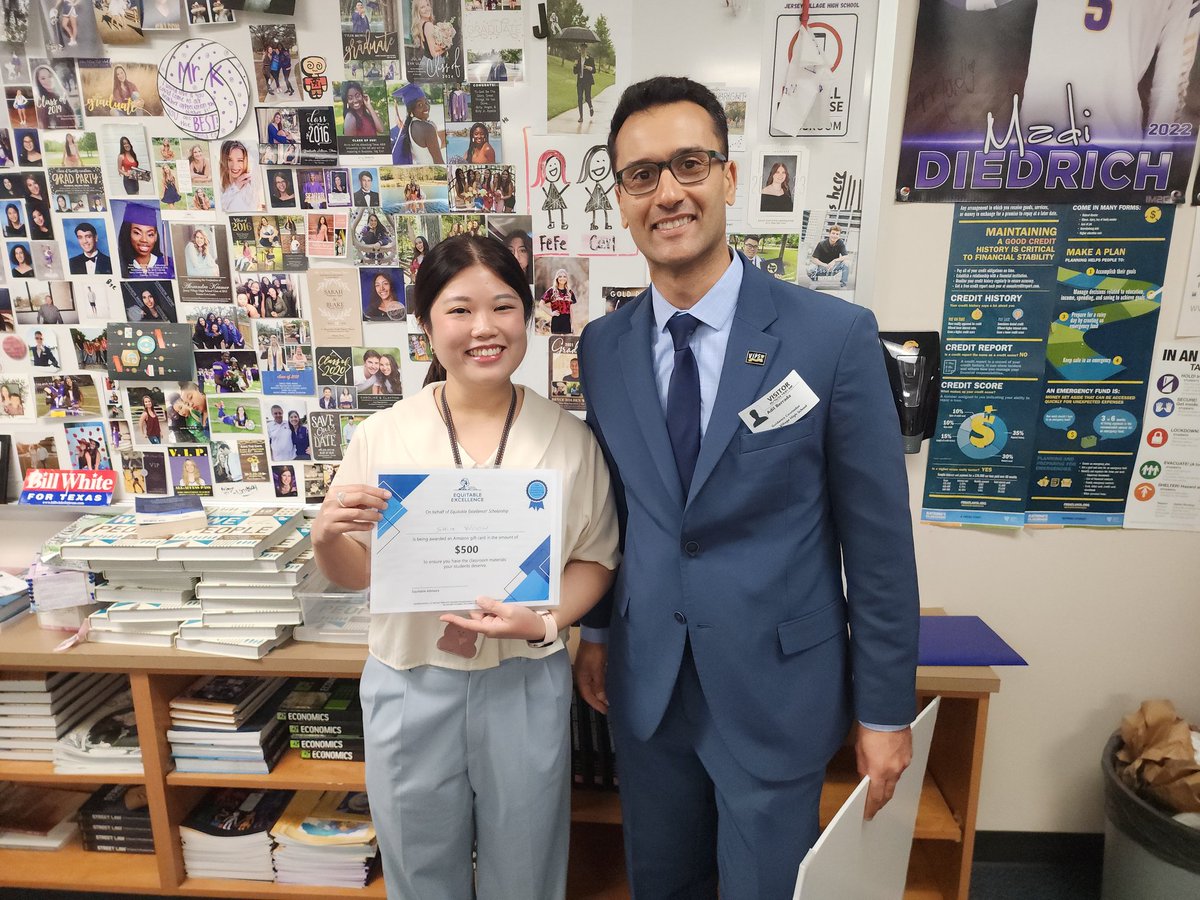 Shout out to @JerseyVillageHS teacher Emily Woon for receiving an award from the Equitable Excellence Scholarship Foundation.  Coming soon, they will be back to recognize a student with a scholarship.   #lovemyvillage