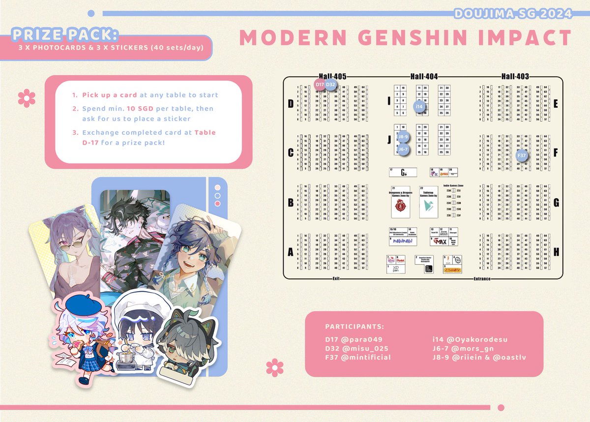 SUPER LAST MINUTE BUT check out our #DoujimaSG stamp rally!!!! ✌️ Collect 6 stamps across 6 tables and get a modern genshin themed prize pack~