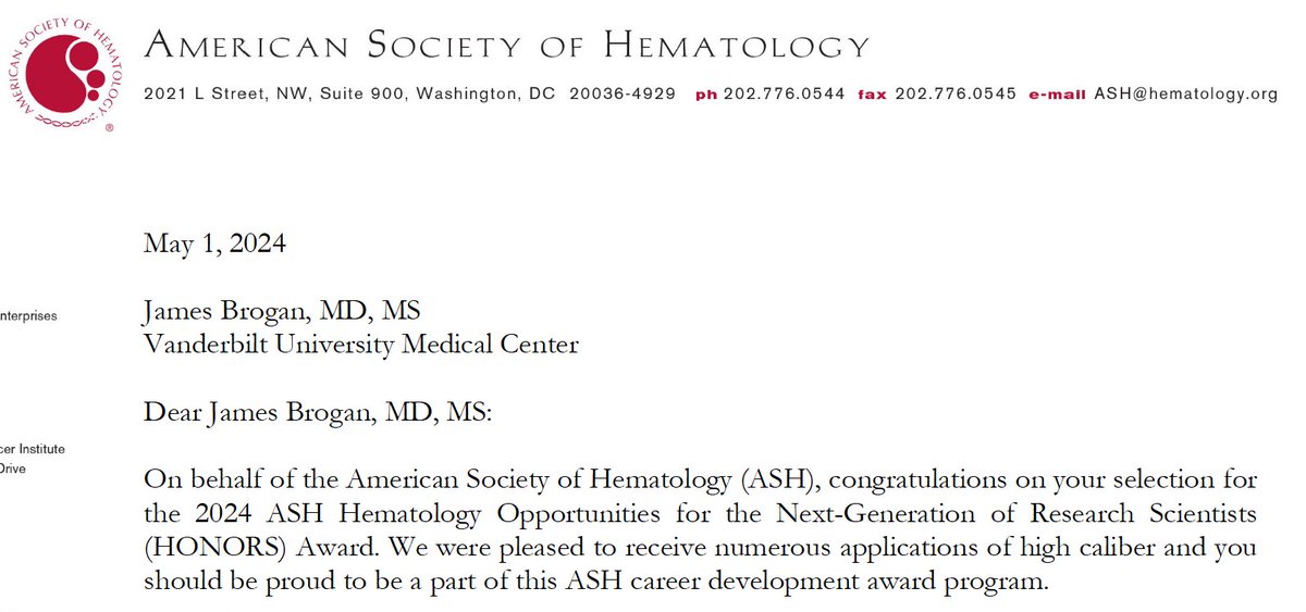 Overjoyed to congratulate my mentee, James Brogan @VUMCMedicineRes, for being selected by @ASH_hematology to receive the ASH Hematology Opportunities for the Next Generation of Research Scientists (HONORS) Award! It's a privilege to see you join the ranks of dedicated