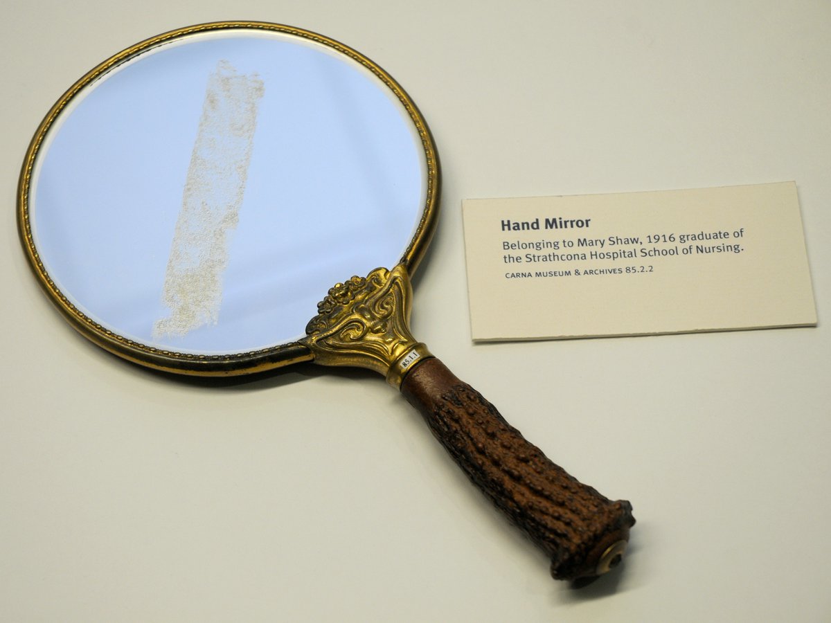 More nursing history: a hand mirror once owned by Mary Shaw, a 1916 graduate of the Strathcona Hospital School of Nursing.

As we peer into this artifact during Nursing Week, let's honour the countless nurses who have shaped the nursing profession. 

#NationalNursingWeek2024