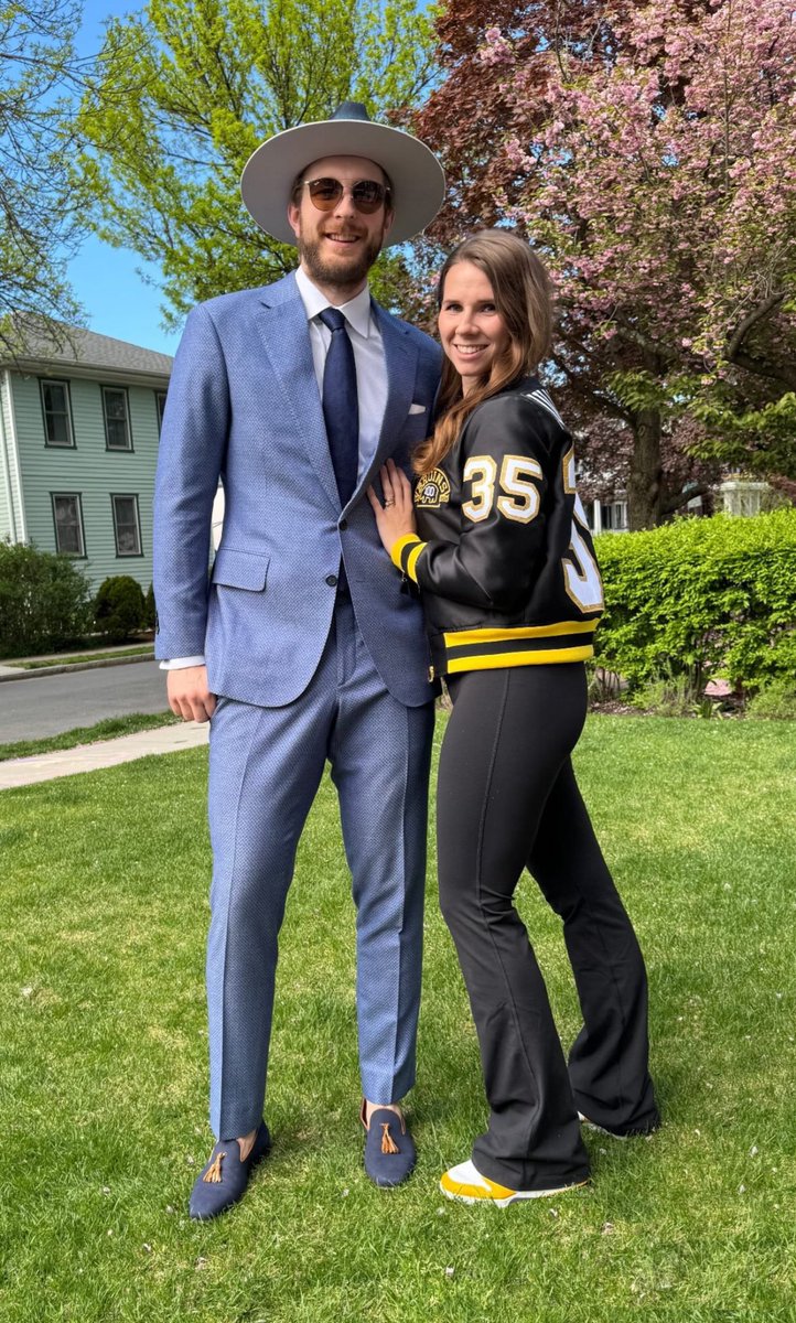 Linus Ullmark and his wife Moa ready for Game 3 in Boston sporting His & Hers custom Gents looks, including her bomber jacket made using his game-worn jersey 🔥🔥 #Bruins