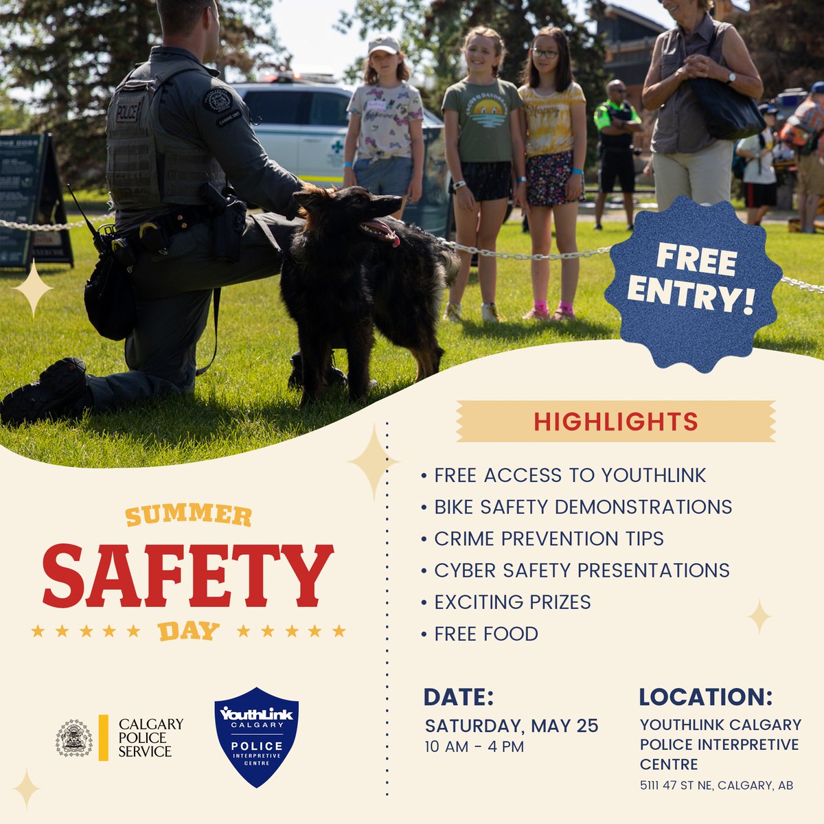 We are so excited to introduce YouthLink Calgary's Summer Safety Day! Join us and @CalgaryPolice for this free event on May 25th to learn all about how to stay safe in the Summer! For more information on the event and to register, visit bit.ly/3WEqxXA